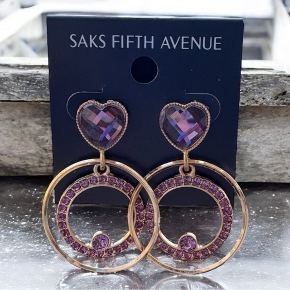 3/$40 Saks Fifth Avenue Purple and Gold Heart Drop Dangle Earrings